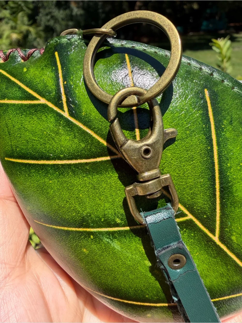 Green Leaf Leather Wristlet with Pink Rose and Orange Bee Accent